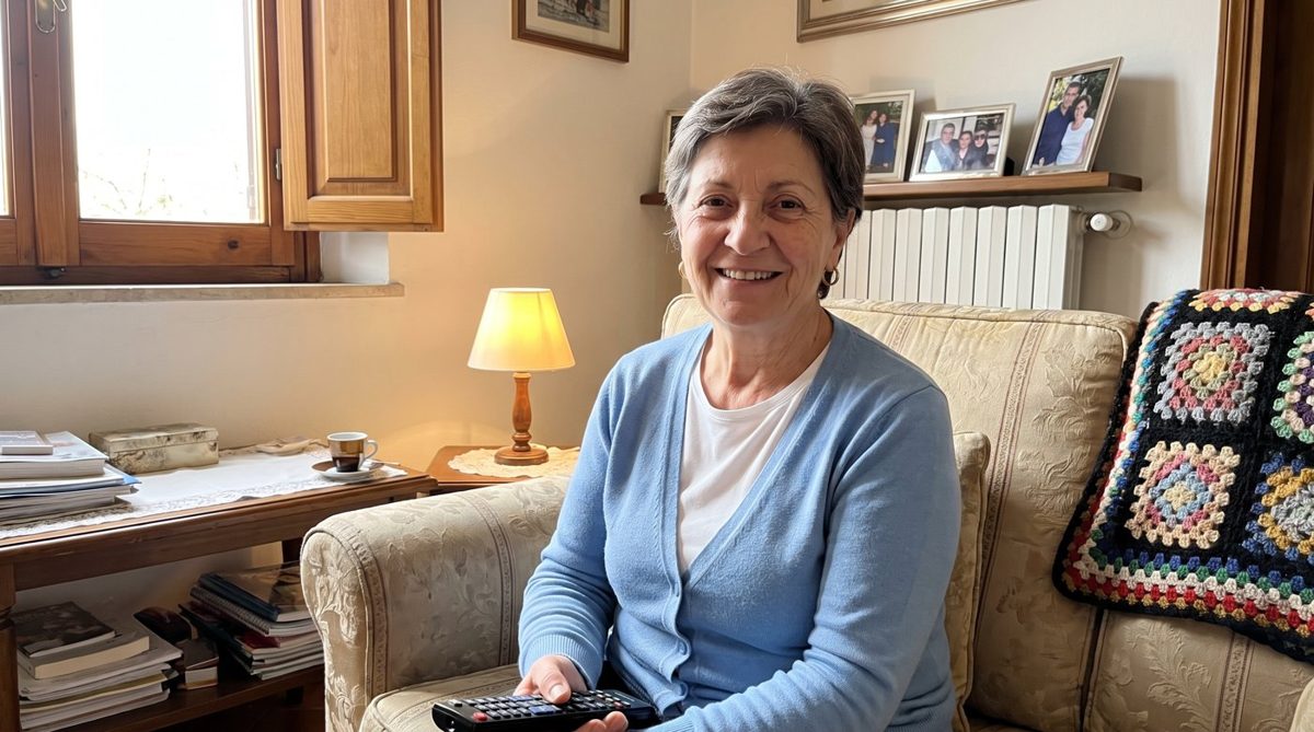 Gabriella sorridente in poltrona, a casa sua